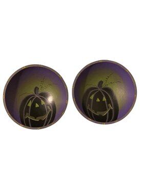 Vintage Halloween Folk Art Jack O Lantern Wooden Bowls Purple Green Black - 2